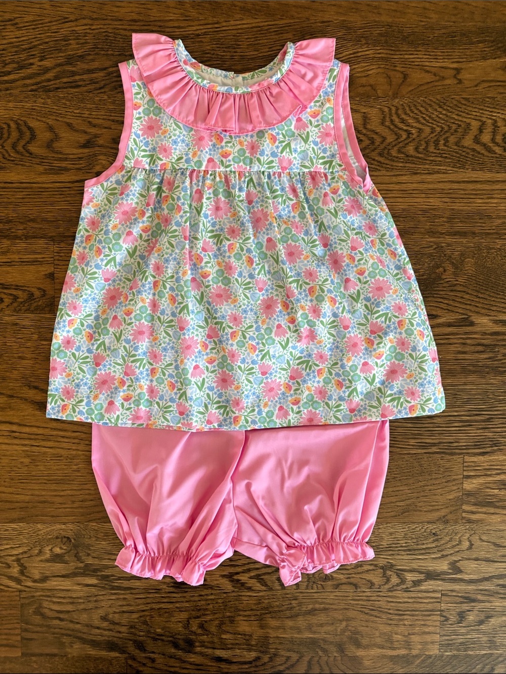 Girls Pink Floral Ruffle Neck Set